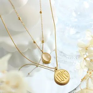 Aretas Waterproof Love Letter Coin pendenti collana gioielli minimalisti in acciaio collane con opale a catena con perline d'oro a doppio strato