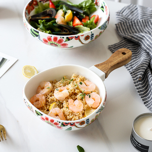 Bol en céramique pour dîner riz fruits légumes, salade, soupe petit déjeuner nouilles, Ramen gâteaux mélangeur service, couverts à manche en <span class=keywords><strong>bois</strong></span> - Product Image 4