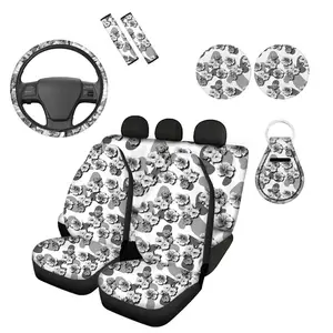 Grey Hibiscus Flower Car Seat Cover Full Set Steering Wheel Cover + Seat Belt Strap Cover+ Cup Holder Coasters+ Auto Keychains