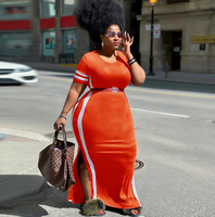 Robe longue fendue à col rond pour femme, grande taille, unie et à rayures, avec empiècements