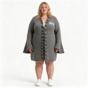 Cardigan Aperto sul Davanti in Maglia per <span class=keywords><strong>Donna</strong></span>, Taglie Forti, con Ricamo in Ciniglia Personalizzato, Polsini Larghi, Grigio, per il Tempo Libero - Product Image 1