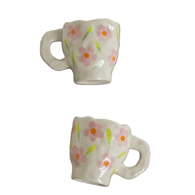 Creative Hand-Painted Flower or Multiple Pattern Mug Ceramic Hand-Pinched Coffee Cup with Ruffled Rim Kawaii Household Milk Mug