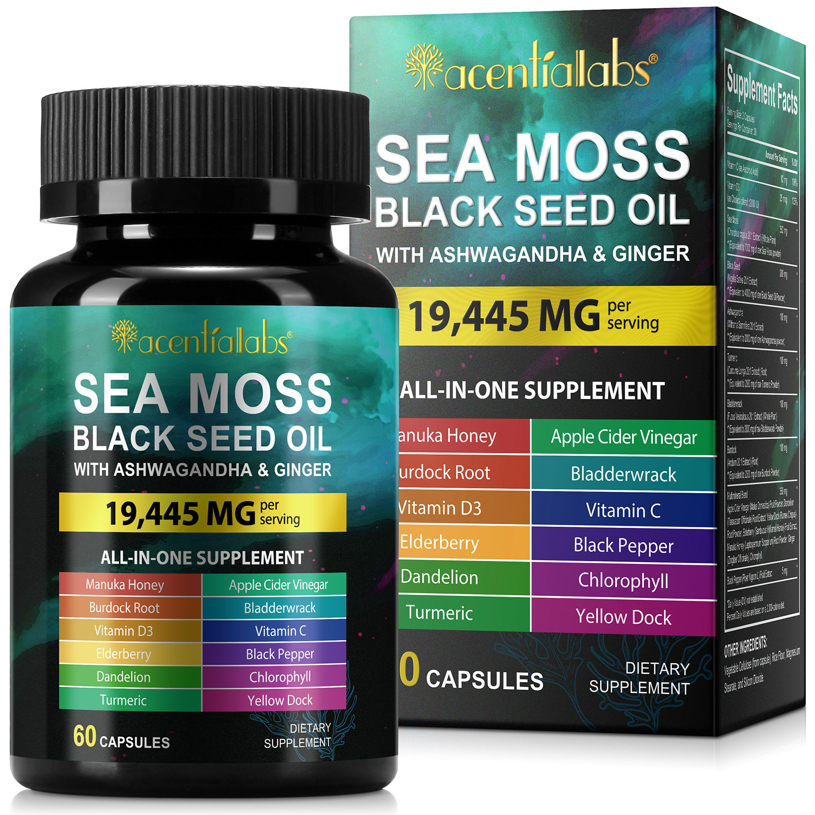 Acentialabs Sea Moss Black Seed Oil with Ashwagandha & Ginger – 19,445 MG All-in-One Supplement with 16+ Herbs, Vitamins & Minerals including Burdock Root, Bladderwrack, Turmeric, Apple Cider Vinegar & Elderberry – 60 Capsules