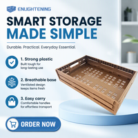 Caisse de rangement pliable en plastique à grain de bois, ventilée, empilable, avec couvercle intégré