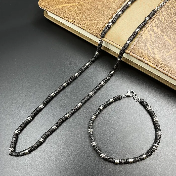 Fashion Jewelry Stone Bracelet Natural Stainless Steel Black Ore Stone 18K Gold Necklace For Men
