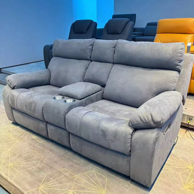 2025 Luxury Fabric Living Room Home Theater Cinema Recliner Sofa With Console and Cupholder