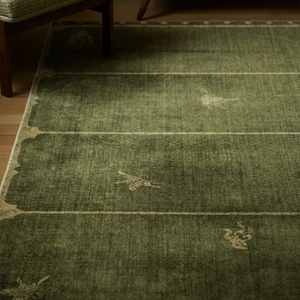 Tapis imprimé de style mi-siècle vert luxueux haut de gamme en mélange de laine, fabriqué à la machine, écologique, pour salon et chambre à coucher - Product Image 3