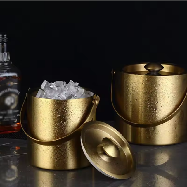 Bar KTV Portable Double-Layer Stainless Steel Ice Cube Container Beer Drink Wine Bottle Cooler Insulated Ice Bucket With Lid