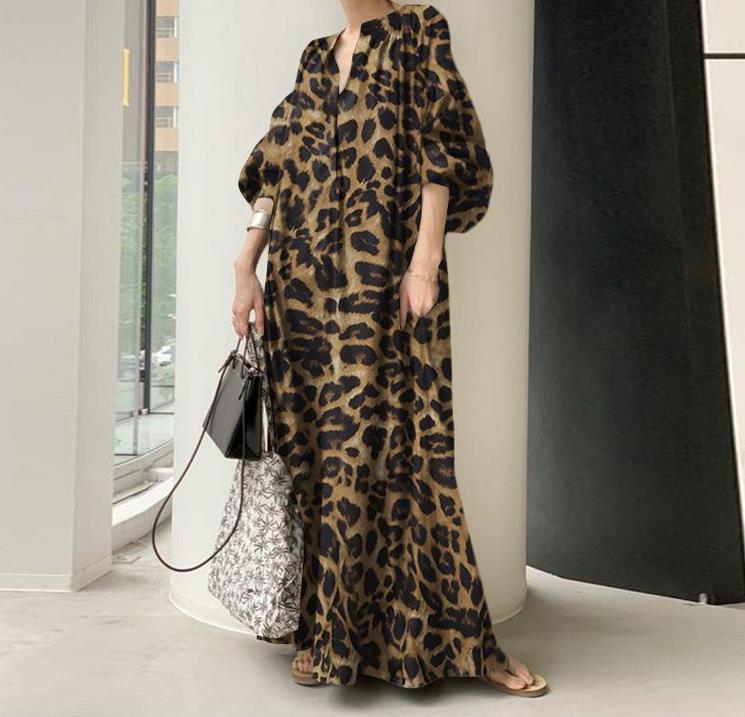 ZYMOZYM Imprimé Midi Robe Femme Chic Et Elegant Le Léopard Asymétrique Fourche Manches Longues Robe De Soiree Femme Robe Danse Bal
