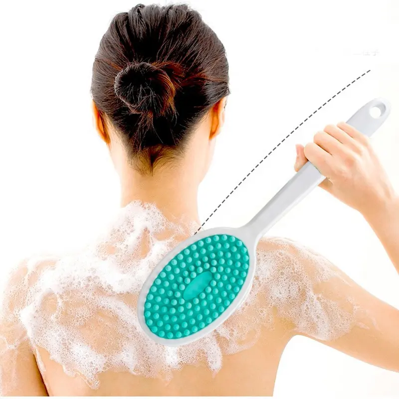 Uzun kolu duş fırça banyo malzemeleri silikon banyo vücut tahta fırçası geri Scrubber duş cilt peeling fırçası