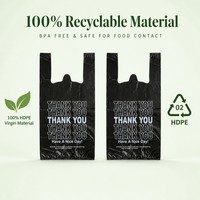 Sacs de courses noirs en PEHD recyclables et imperméables, style T-shirt avec poignée gilet, impression « Merci » et « Bonne journée », pour magasins de détail