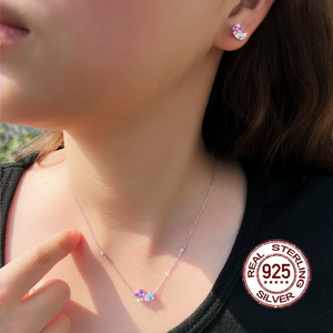 S925 gioielli in <span class=keywords><strong>argento</strong></span> Sterling trasparente zircone rosa bella collana orecchino a goccia con cuore per donna regalo di nozze - Product Image 4