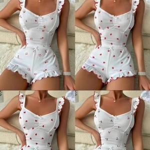 Ensemble pyjama camisole et short imprimé cerise pour femmes, sans manches, tricoté, épaisseur moyenne, vêtements de maison Y1229 - Product Image 2