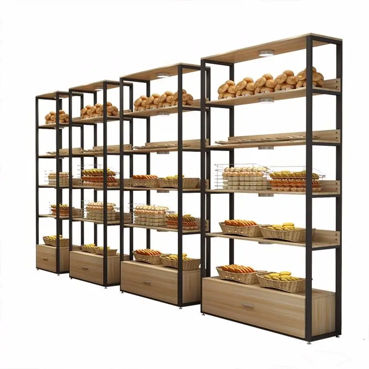 Présentoir de pain en métal et bois, au détail, étagère professionnelle de supermarché