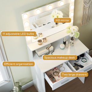 Wood Vanity Desk <strong>Mirror</strong> <strong>Lights</strong> <strong>Dressing</strong> <strong>Table</strong> Large Drawer 2 Level Storage Dresser 3 Lighting Modes Adjustable Brightness - Product Image 3