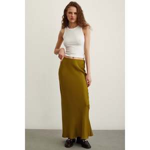 Falda Larga <span class=keywords><strong>Mango</strong></span> con Corte Diagonal, Color Oliva, 100% Seda Satén, Brillante, Largo Completo, para Mujer - Product Image 6