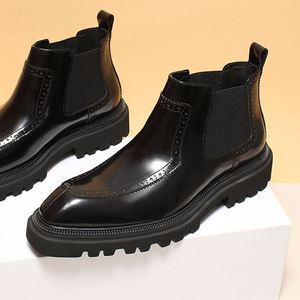 New Chelsea <b>Boots</b> Hot Style Genuine Leather Short <b>Boots</b> Shiny Thick Sole Men's Leather <b>Boots</b> - Product Image 3
