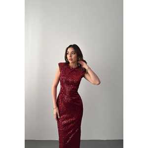 Robe de soirée de bal bordeaux en gros avec sequins, manches courtes superposées, coupe Empire et accents de perles pour bal de promo - Product Image 3