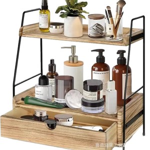 Wooden Double Layer Storage Rack With Drawers <b>Desktop</b> Cosmetic Organizer Solid Wood <b>Shelf</b> 3 Floors Makeup Storage - Product Image 5