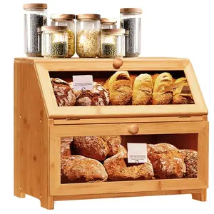 Boîte à pain en bambou à double couche, grande capacité, style campagnard pour la cuisine - Product Image 1
