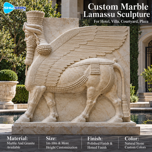 Marmor-<span class=keywords><strong>Lamassu</strong></span>-Skulptur in Lebensgröße Assyrische Geflügelte Stier-Statue Maßgefertigt Handgeschnitzt für Museum Hotel Garten Innenhof Landschaftsgestaltung - Product Image 1