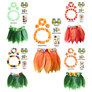 Gonna estiva <span class=keywords><strong>hawaiana</strong></span> con foglia d'erba waiana con corona di 4 pezzi Set di accessori per feste in spiaggia - Product Image 1