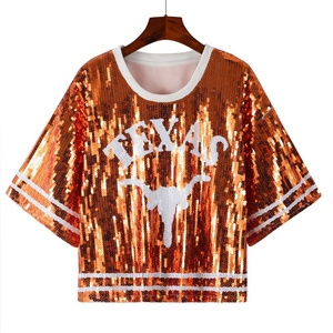 Bán Buôn Tùy Chỉnh Của Phụ Nữ Sequin Jersey Top Ngắn Tay Áo T-Shirt Ăn Mặc Cho Trò Chơi Ngày - Product Image 2