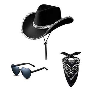 Sombrero de Vaquero Blanco en Stock con Gafas Cuadradas y Borde Plateado, Traje de 3 Piezas, Sombreros de Vaquero y Vaquera para Fiesta - Product Image 3