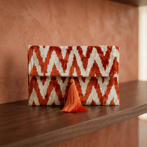 Handmade Chevron Pattern Clutch <b>Bag</b> With Tassel Orange <b>White</b> Fabric Bohemian Style Rectangle Shape Storage <b>Bag</b> - Product Image 2