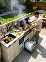 Cuisine extérieure avec machine à glaçons intégrée, barbecue à gaz, réfrigérateur à double tiroir, évier, porte-couteaux et unité en pierre