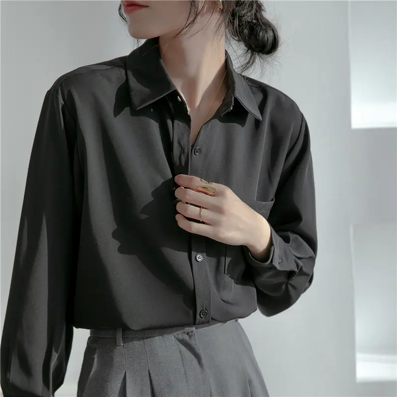 Chiffon Sexy Long Sleeve Buttons Tops Female Loose Women's Blouses Shirts Fashion Pocket Black OL Casual Office Ladies Shirt