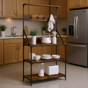 4 Tier Smoked Oak Engineered Wood Baker's Rack With Hooks For <b>Kitchen</b> <b>Storage</b> - Product Image 2