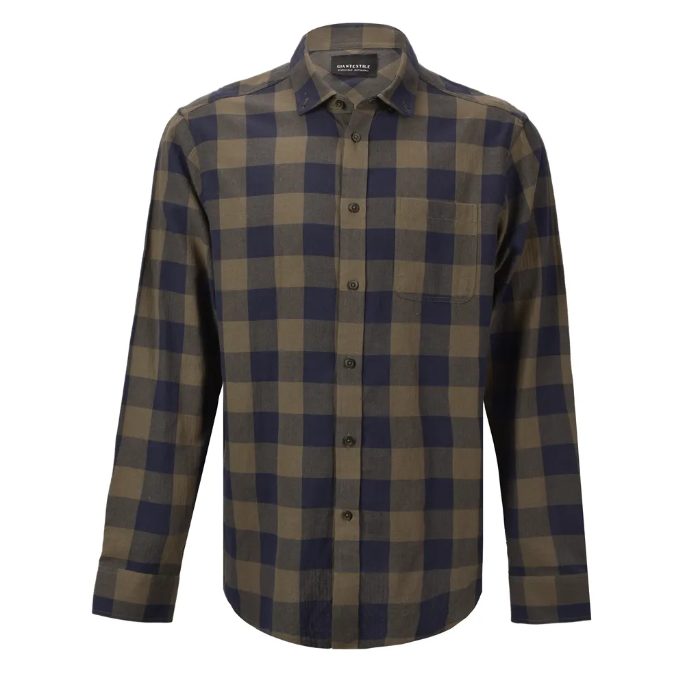 Herren Casual 100% Baumwolle Garn gefärbt Braun Fischgräten muster Plaid Schönes Langarmhemd für Herren