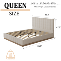 Cadre de lit réglable en velours crème Holland avec tête de lit à cannelures verticales en bois de chêne, mobilier de chambre Queen/King