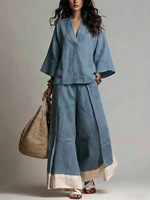 Ensemble Femme Printemps-Été 2026 : Chemise Col V Manches Trois-Quarts Effet Lin et Pantalon Large Color Block