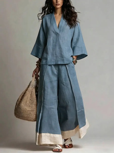 Completo <span class=keywords><strong>Donna</strong></span> Primavera-Estate 2026: Camicia con Scollo a V in Stile <span class=keywords><strong>Lino</strong></span> Francese, Maniche Tre Quarti e <span class=keywords><strong>Pantaloni</strong></span> a Gamba Larga Bicolore - Product Image 4
