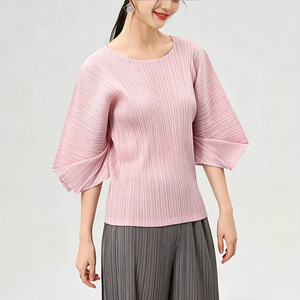 PY 2026 Comfortable Loose Fit Crew Neck Woven Miyake Pleated Batwing Sleeve Casual <b>Top</b> <b>Women's</b> 100% Polyester <b>Compressed</b> - Product Image 1