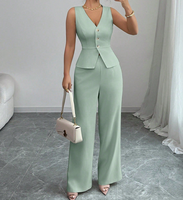 Ensemble tailleur élégant pour femme : gilet sans col à col en V, pantalon large extensible tissé, tenue de bureau formelle OL