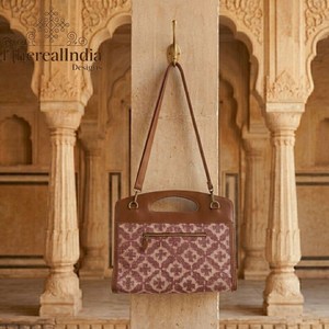 Damask Print Handbag Cotton Rug Tote with Leather Handle & <b>Strap</b> Boho Structured <b>Shoulder</b> Bag Handmade Gift for Her - Product Image 3