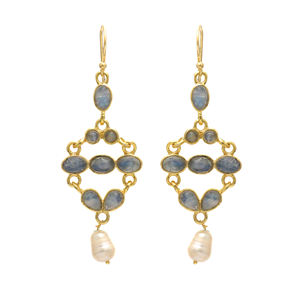 Venta caliente Exclusivo Arco Iris Piedra lunar y Perla Chapado en oro 925 Pendientes colgantes de piedras preciosas de plata esterlina para regalo - Product Image 1