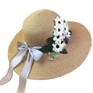 사용자 정의 로고 패션 꽃 와이드 챙 큰 챙 밀짚 모자 여름 비치 밀짚 플로피 모자 여성용
