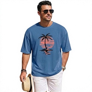T-shirt pour homme à manches courtes, col rond, imprimé palmiers et coucher de soleil bleu, coupe classique décontractée, en jersey de coton - Product Image 2