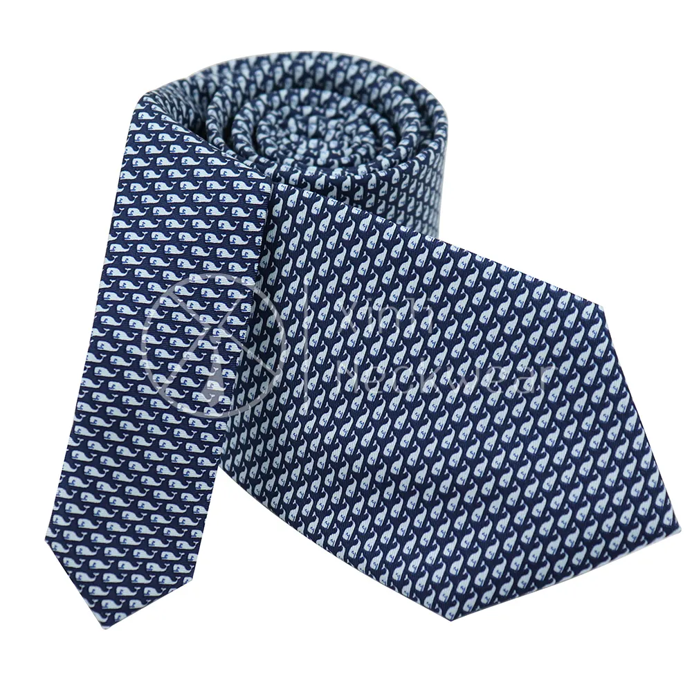 Wholesale Custom Logo Navy Blue Whale Animal Patterned Men Neckties Classic Design Printed Silk Designer Tie