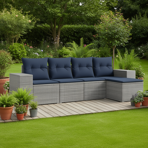 Ensemble de canapé de jardin en polyrotin gris avec coussins, 5 places, mobilier d'extérieur, design contemporain - Product Image 2