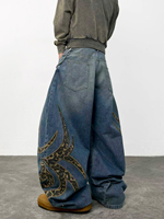 Jean Bootcut Homme Ample Délavé Coupe Large Brodé Vintage Baggy Denim Streetwear Imprimé Motif