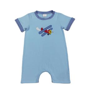 SR3543 RTS Mono de Manga Corta para Bebé, Color Azul, con Bordado de Avión y Flores, Venta al por Mayor, para Niña - Product Image 1