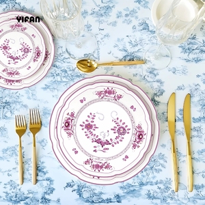2025 New Design Eco-Friendly Wedding Ceramic Porcelain Dinnerware Set Pink Flowers Dishwasher Safe for Events Catering Rental - Product Image 2