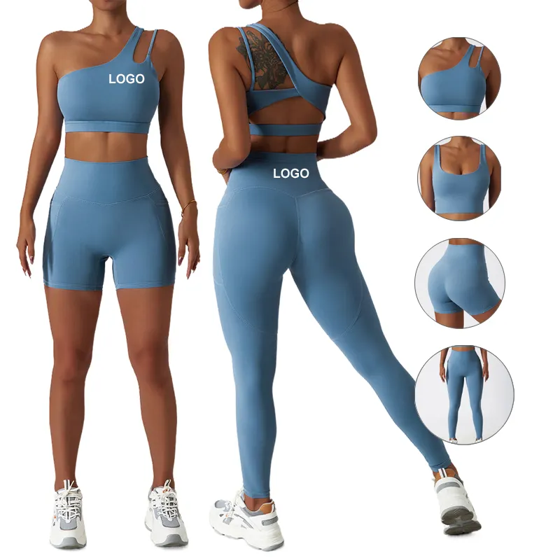कस्टम लोगो 4 पीस वर्कआउट सेट कंप्रेस्ड वन शोल्डर स्पोर्ट्स ब्रा महिलाओं के लिए स्पोर्ट्सवियर जिम कपड़े योग कपड़े फिटनेस वियर