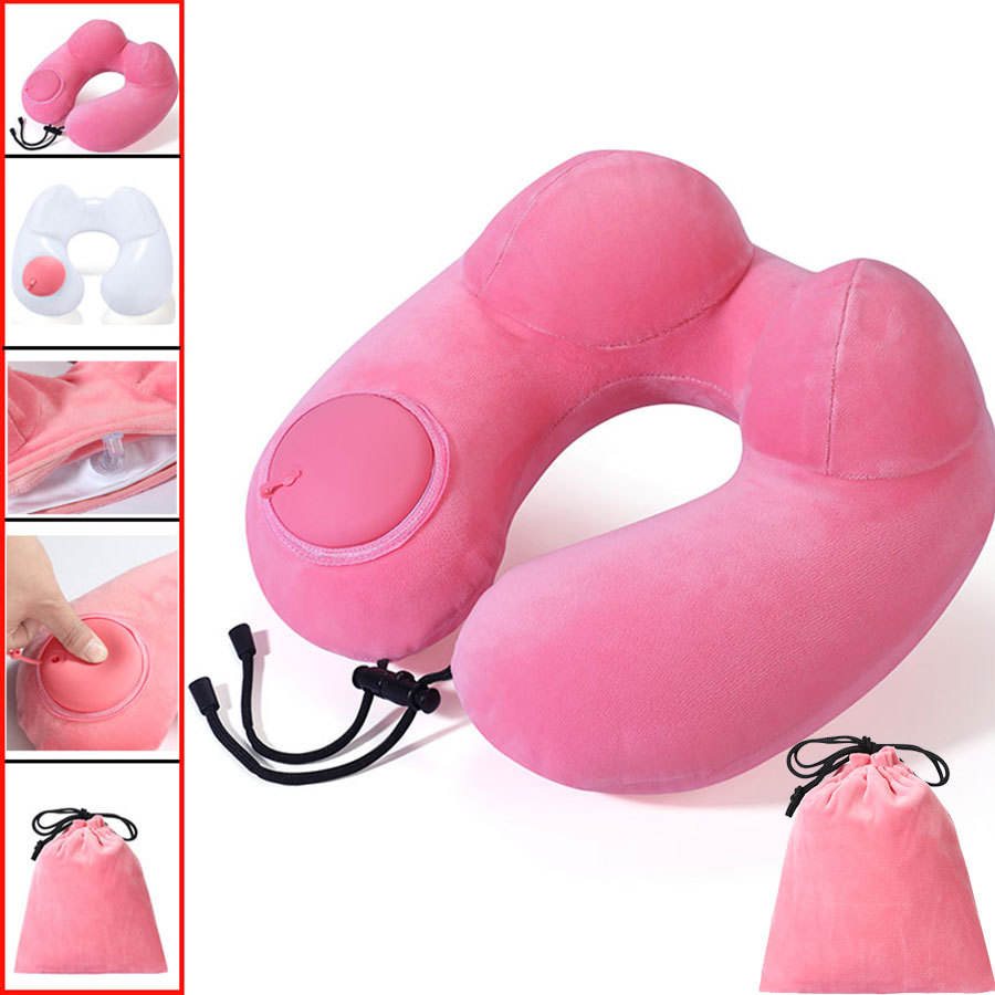 Sac de rangement pour oreiller de voyage gonflable en forme de bosse de chameau rose