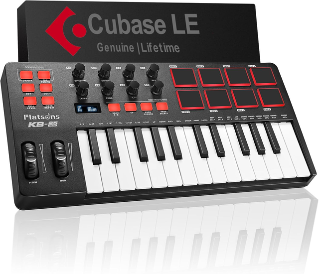 Flatsons KB-25 Professional Portable 25 Keys USB MIDI Keyboard Controller with 8 Drum Pads for Music Studio
